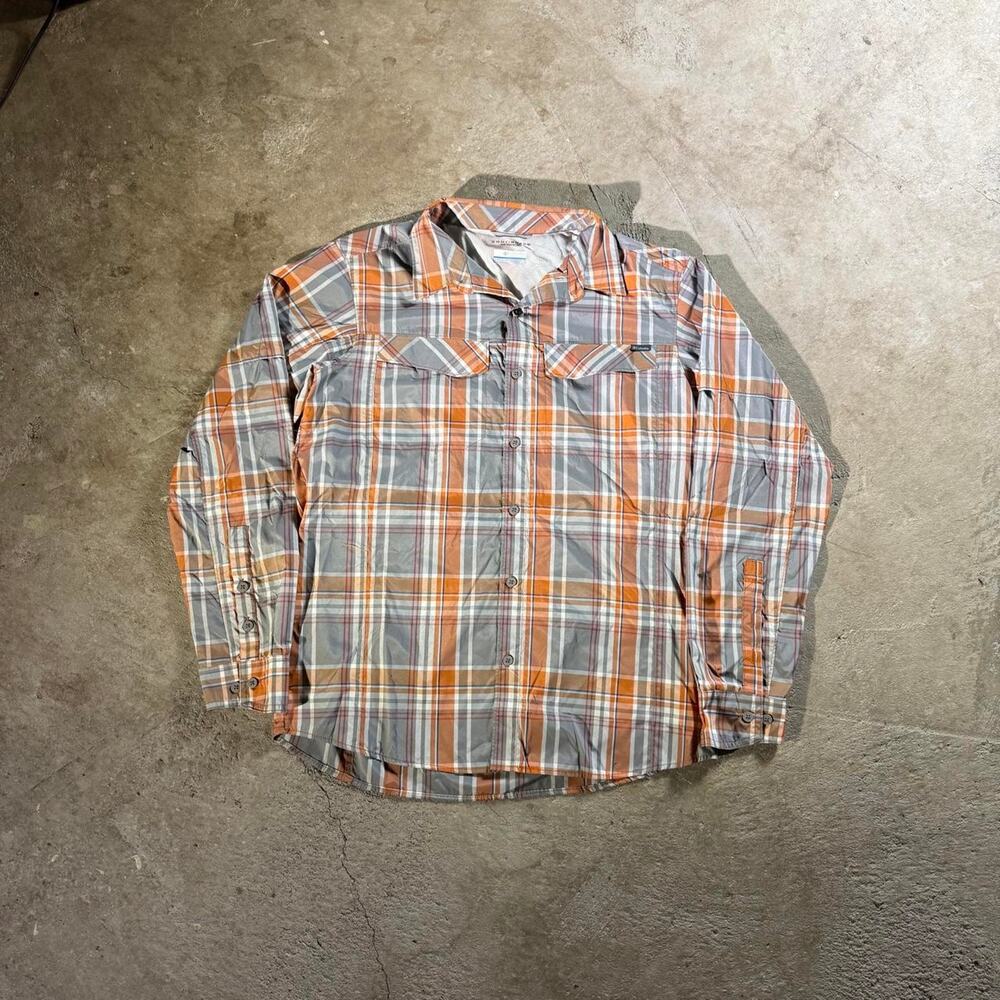 Y2K Columbia Sportswear Orange, Gray, and White Plaid Button Up Shirt